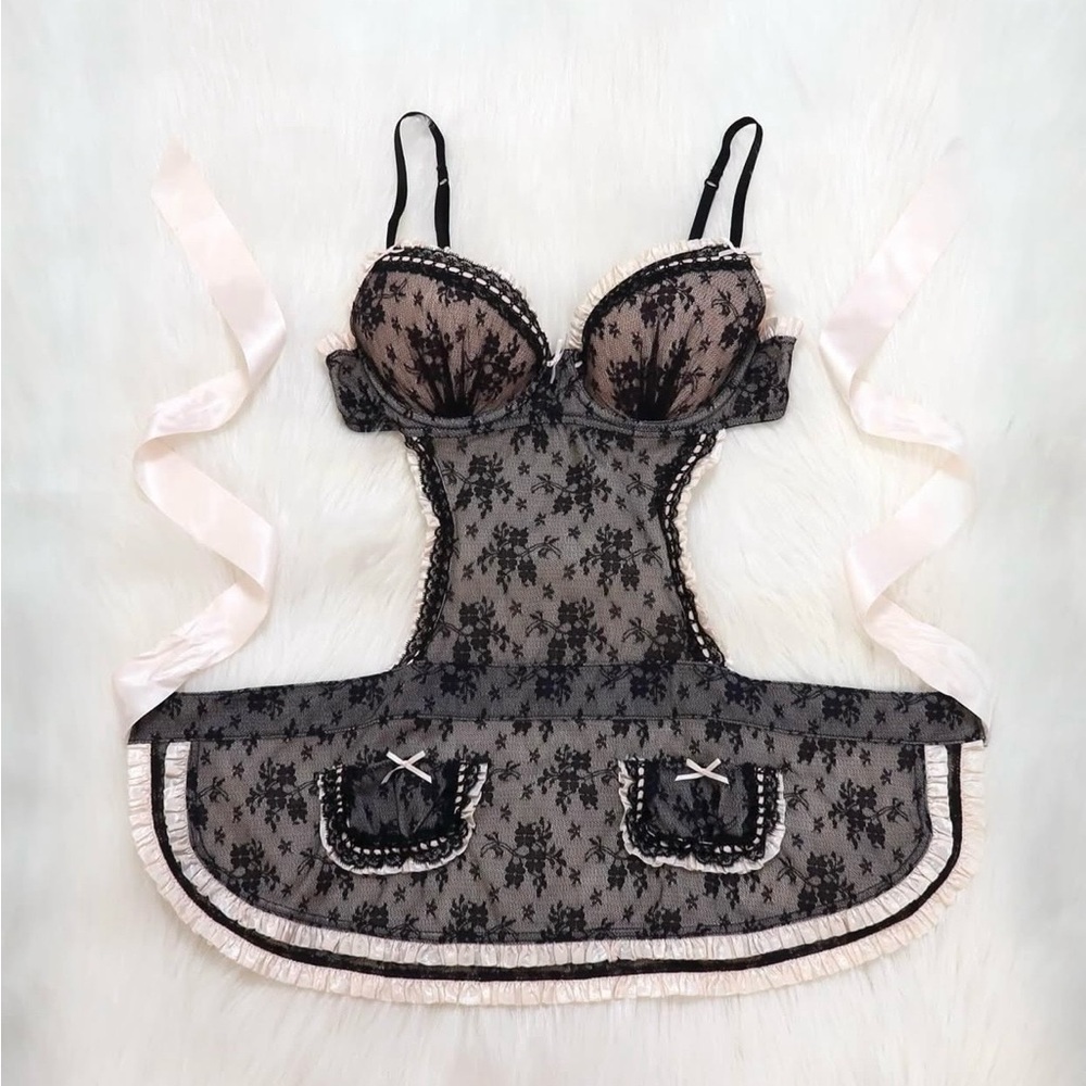 VTG Victoria Secret Sexy Little Things Pink Black Lace French Maid Bra Apron 36C - Picture 1 of 6